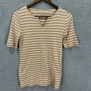 Talbots top womens XS beige striped half sleeve tee‎ cotton v neck costal beach
